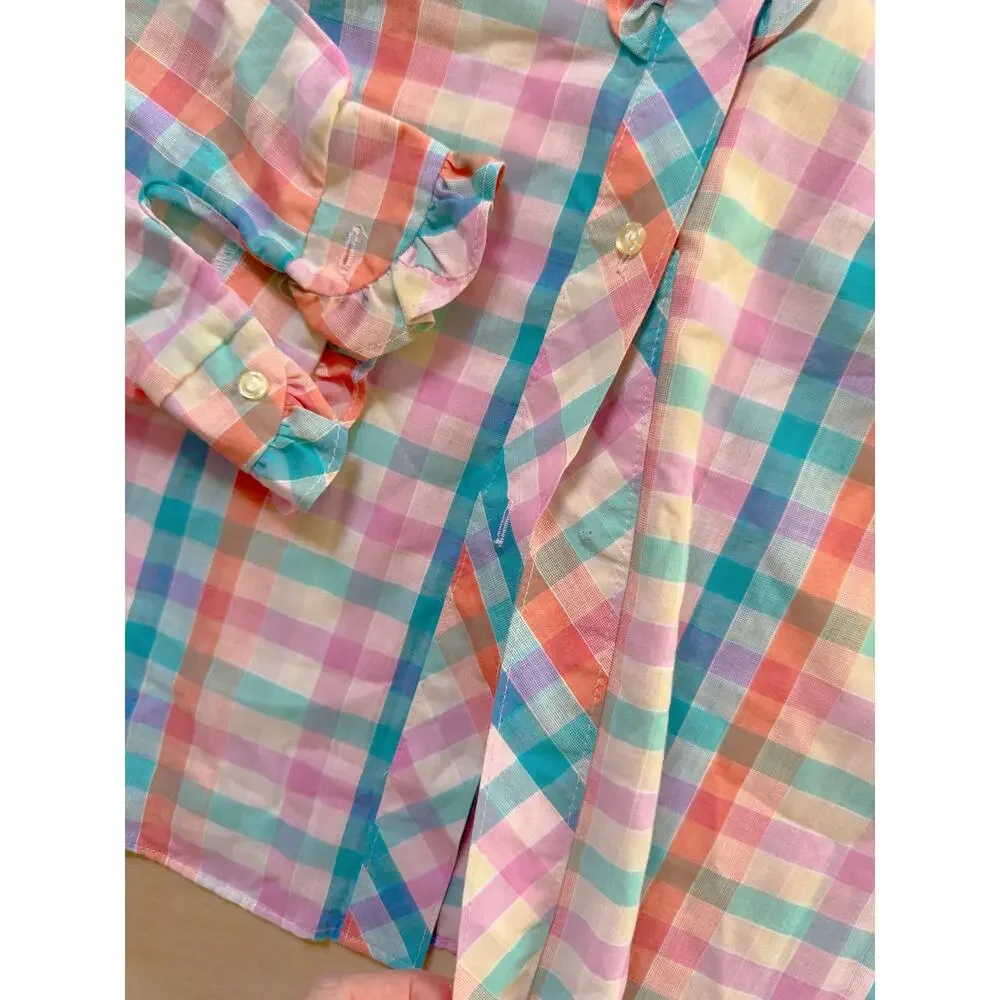 Vintage 80s Womens Plaid Ruffle Front Blouse Size Medium Twee Preppy Cottagecore - Picture 6 of 9